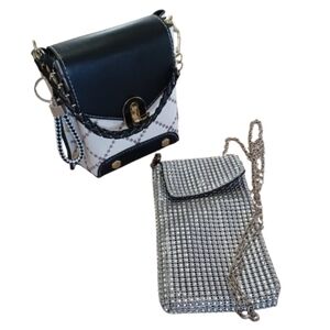 Faux Leather Black White Women's HandBag Set Rhinestone Mesh Crossbody Purse Set